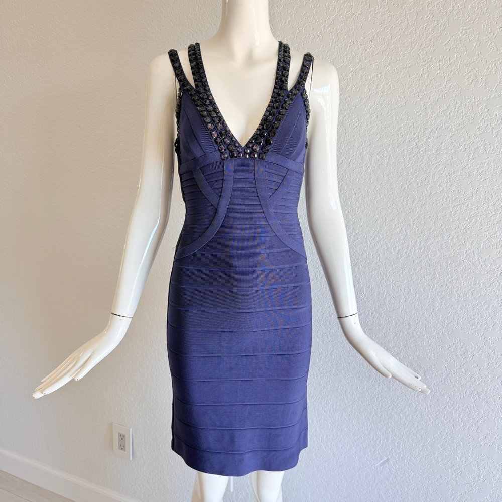 Herve Leger Navy V-Neck embellished Strap Midi Dress - Picture 3 of 8
